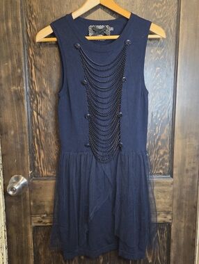 Twelve By Twelve LA Sleeveless Navy Chain-Embellished Drop-Waist Dress Sz L